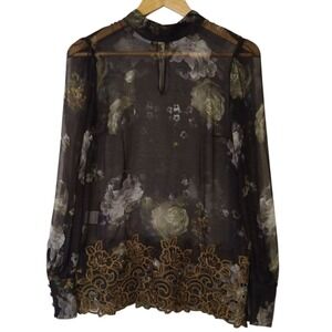 Per Se By Carlisle Blouse Silk Sheer Layer Top Sz 2 Floral Embroidered Stitching